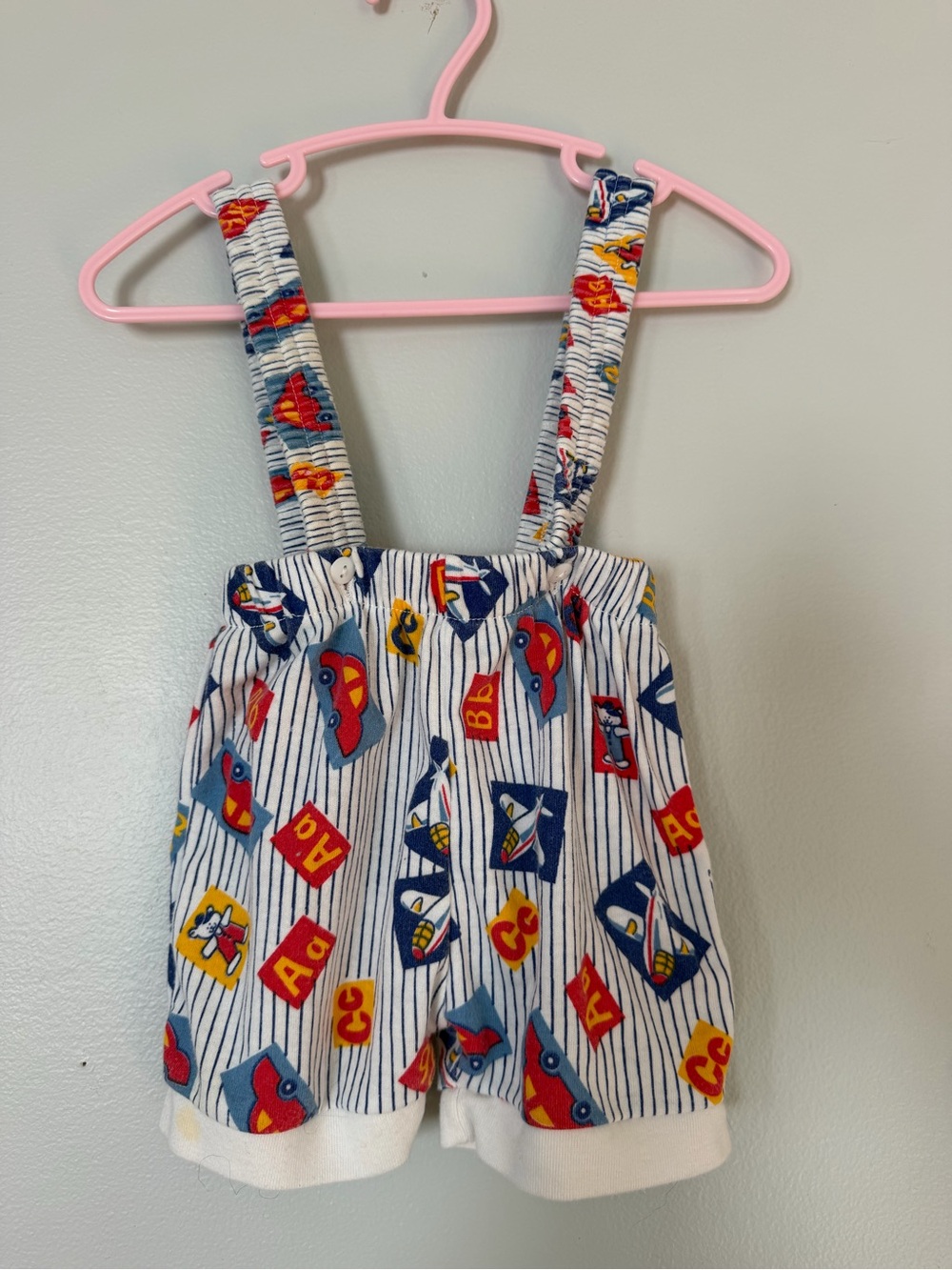 Striped White Kids Suspender Shorts with Red & Blue Prints
